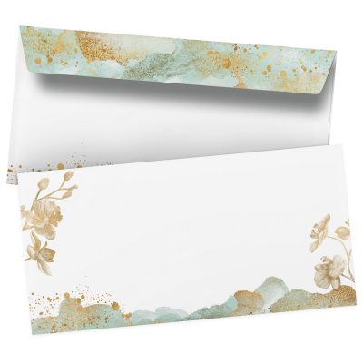 50 Briefumschläge DIN Lang | Orchidee Gold Look | selbstklebend ohne Fenster | Brief-Umschlag mit Design-Motiv bedruckt | 90 g/m²