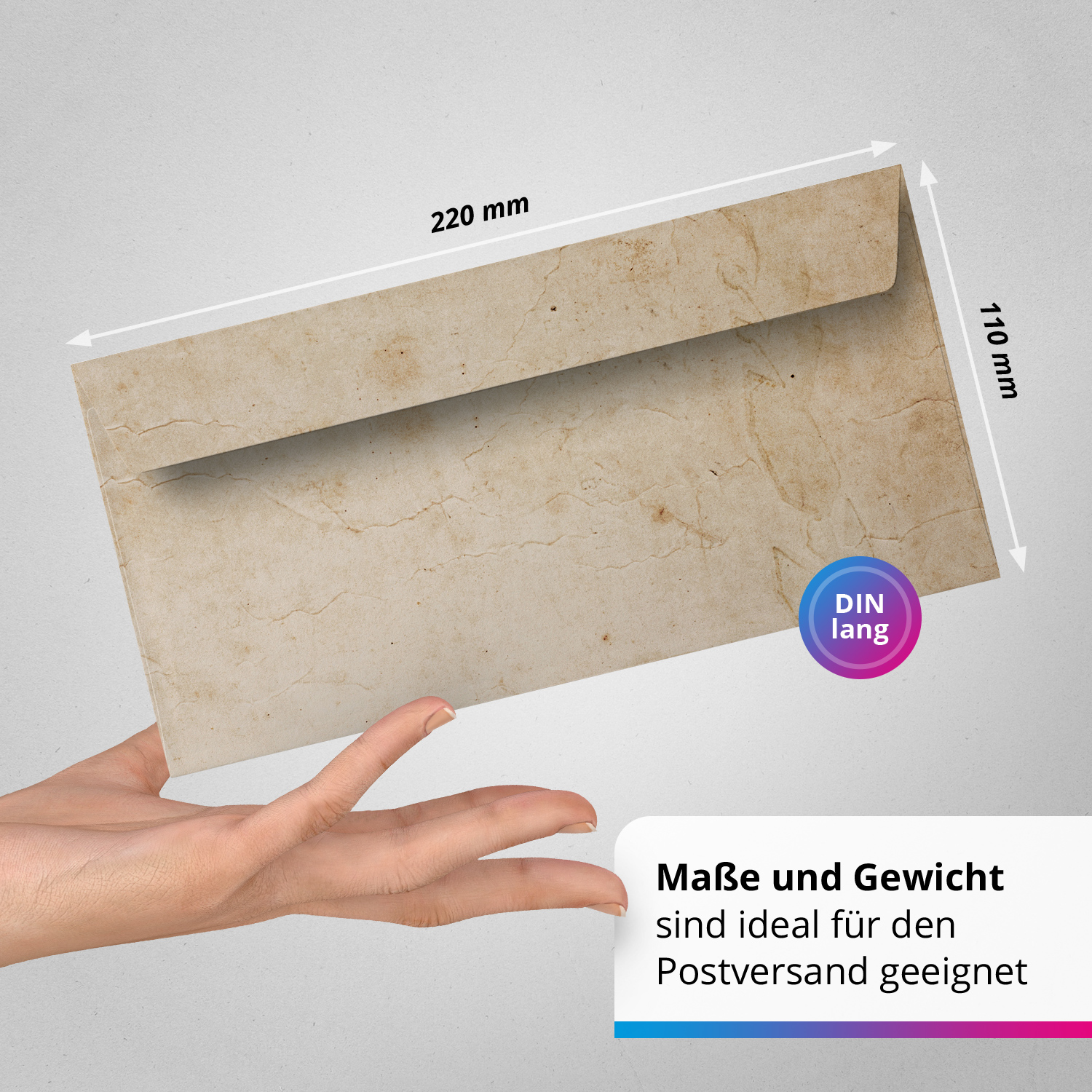 50 Briefumschläge DIN Lang | Vintage Papier beige braun | selbstklebend ohne Fenster | Brief-Umschlag mit Design-Motiv bedruckt | 90 g/m² – Bild 3