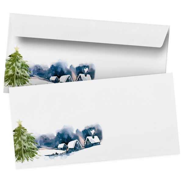 50 Briefumschläge DIN Lang | Winter Schneelandschaft Weihnachten | selbstklebend ohne Fenster | Brief-Umschlag mit Design-Motiv bedruckt | 90 g/m²