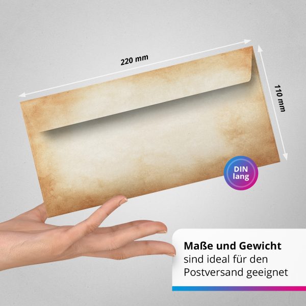 50 Briefumschläge DIN Lang | Vintage Braun beige Shabby Chic | selbstklebend ohne Fenster | Brief-Umschlag mit Design-Motiv bedruckt | 90 g/m² – Bild 3