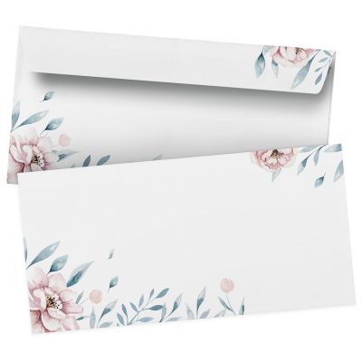 50 Briefumschläge DIN Lang | Wildrose Blumen modern | selbstklebend ohne Fenster | Brief-Umschlag mit Design-Motiv bedruckt | 90 g/m²
