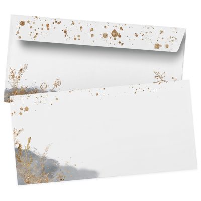 50 Briefumschläge DIN Lang | Goldlook Aquarell grau | selbstklebend ohne Fenster | Brief-Umschlag mit Design-Motiv bedruckt | 90 g/m²