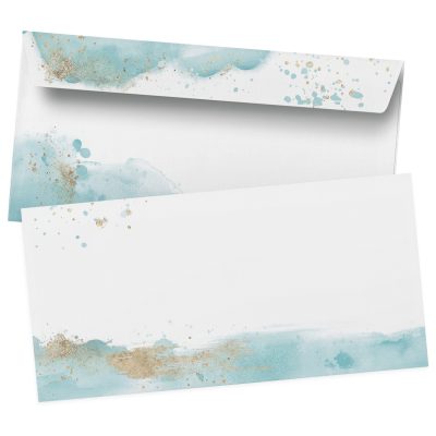 50 Briefumschläge DIN Lang | Aquarell blau türkis Gold Look | selbstklebend ohne Fenster | Brief-Umschlag mit Design-Motiv bedruckt | 90 g/m²