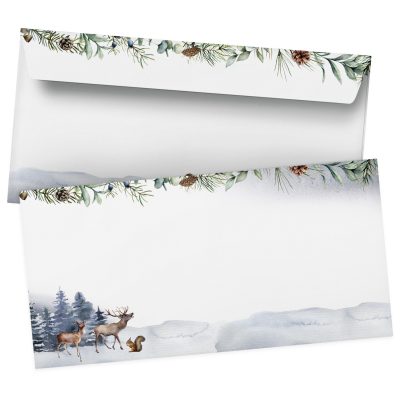 50 Briefumschläge DIN Lang | Weihnachten im Schnee | selbstklebend ohne Fenster | Brief-Umschlag mit Design-Motiv bedruckt | 90 g/m²