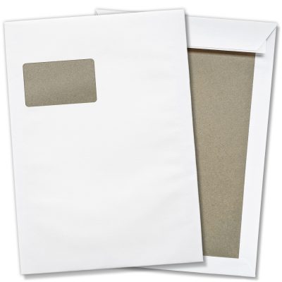 5 x Briefumschläge mit Fenster DIN C4 mit Papprückwand (229 x 320 mm), gerade Klappe, selbstklebend, weiß, 120 g/qm Bewerbung