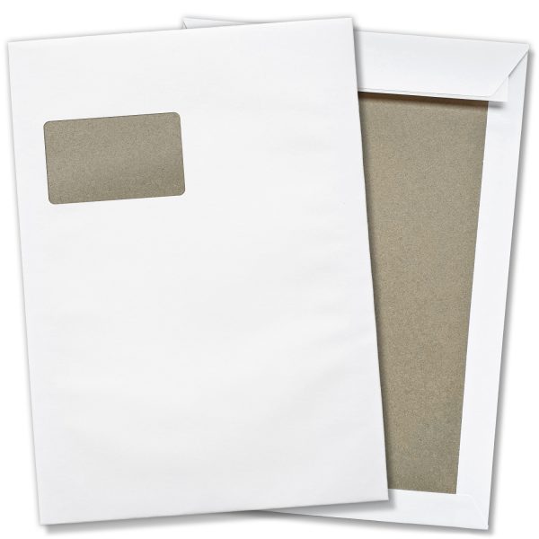 10 x Briefumschläge mit Fenster DIN C4 mit Papprückwand (229 x 320 mm), gerade Klappe, selbstklebend, weiß, 120 g/qm Bewerbung