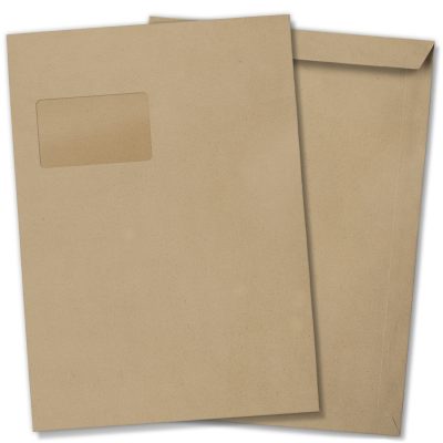 10 x Briefumschläge MIT Fenster DIN C4 für A4 (229 x 320 mm), gerade Klappe, selbstklebend, braun, 110 g/qm Bewerbung und Dokumente