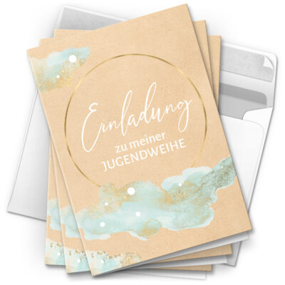 10 Jugendweihe Einladungskarten - Motiv Aquarell Wolken - moderne Einladungen Klappkarten mit Umschlägen