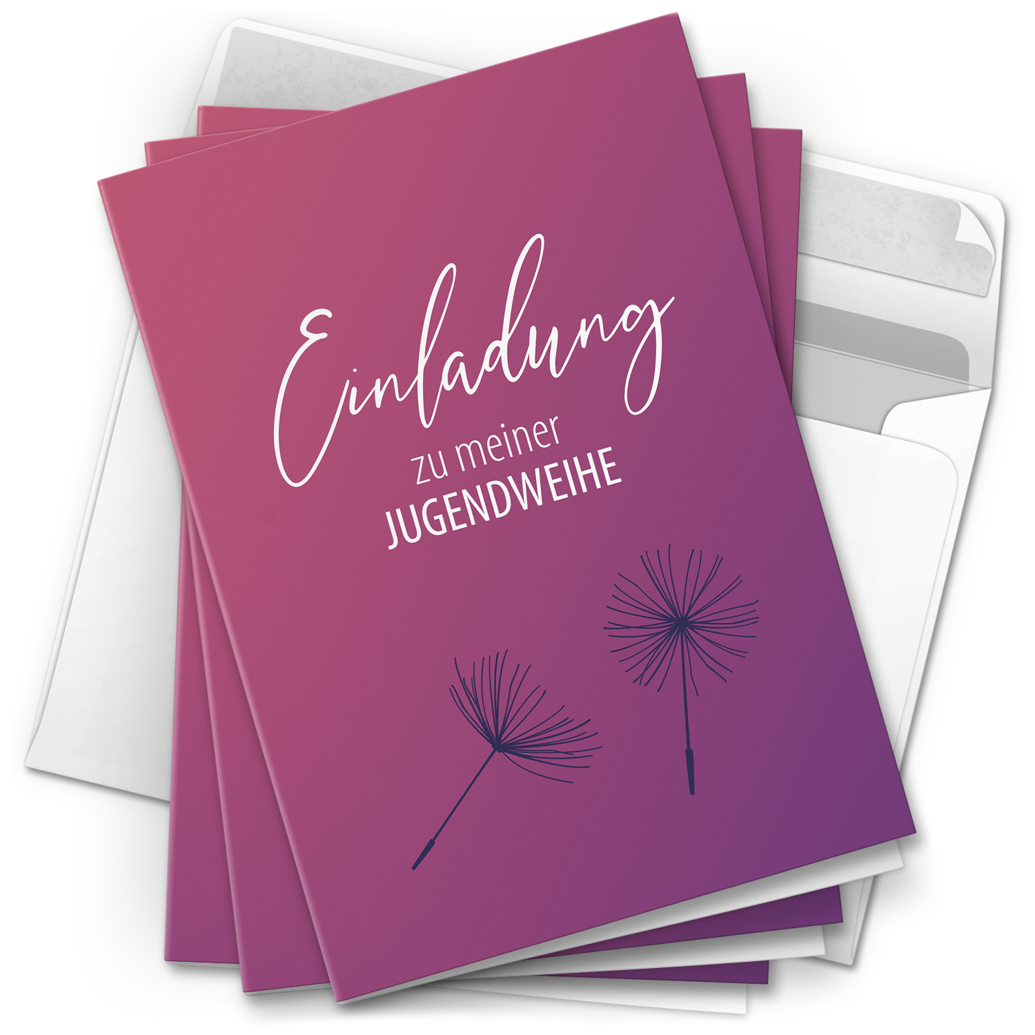10 Jugendweihe Einladungskarten Mädchen - Motiv Lila Pusteblume - moderne Einladungen Klappkarten mit Umschlägen