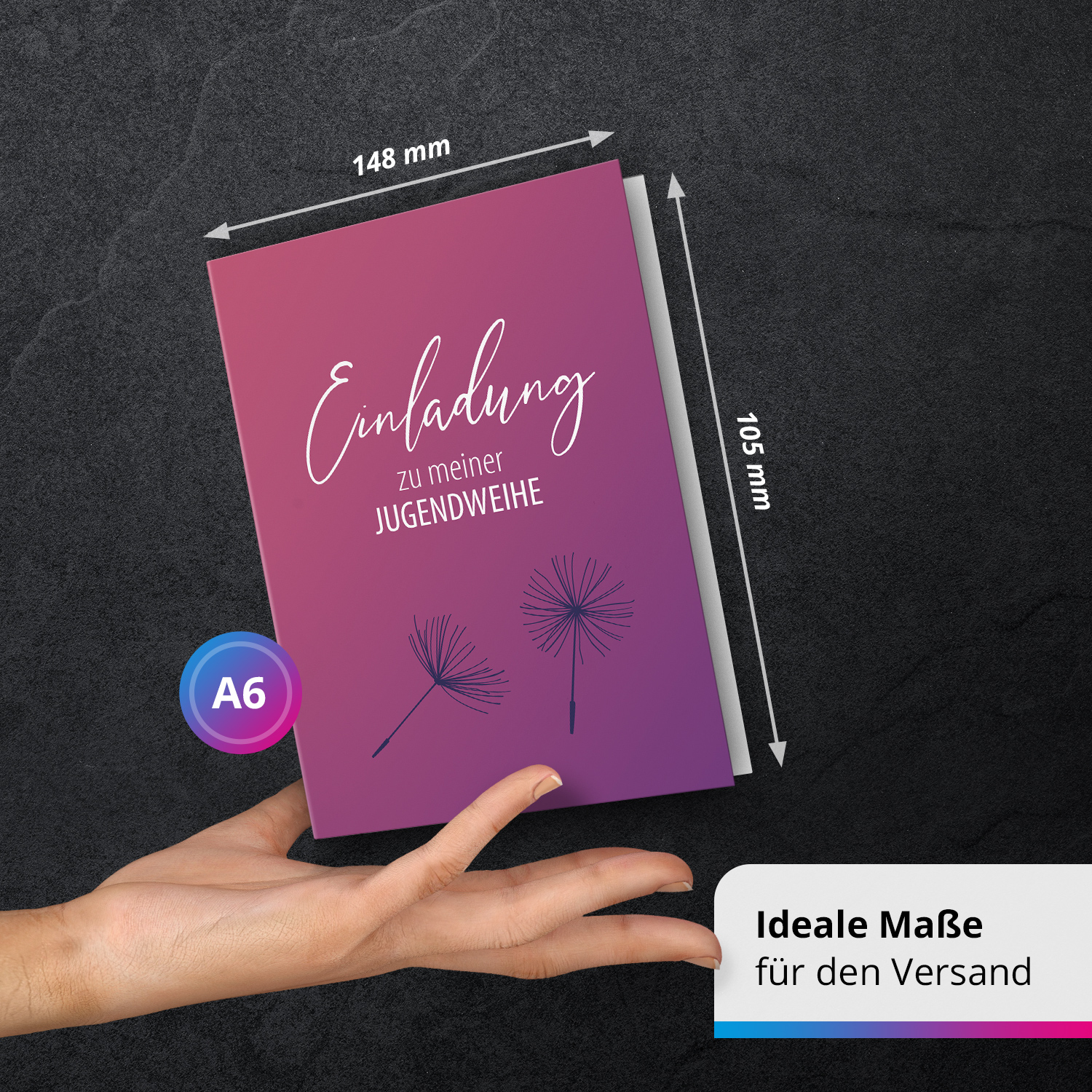 10 Jugendweihe Einladungskarten Mädchen - Motiv Lila Pusteblume - moderne Einladungen Klappkarten mit Umschlägen – Bild 3