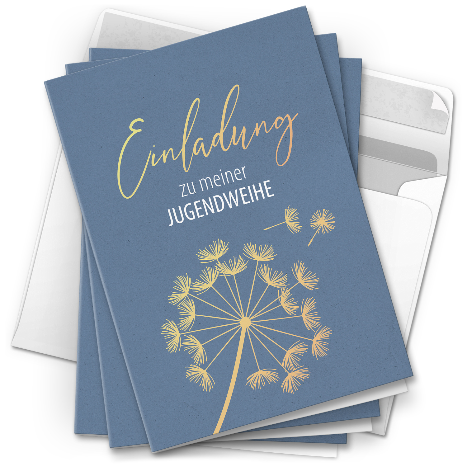 10 Jugendweihe Einladungskarten Jungen - Motiv Blau Pusteblume - moderne Einladungen Klappkarten mit Umschlägen