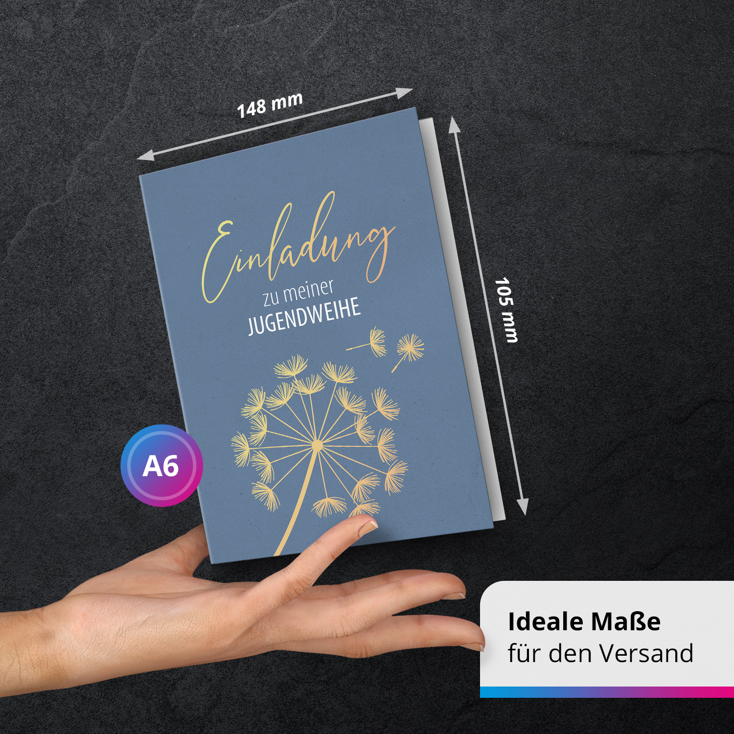 10 Jugendweihe Einladungskarten Jungen - Motiv Blau Pusteblume - moderne Einladungen Klappkarten mit Umschlägen – Bild 3