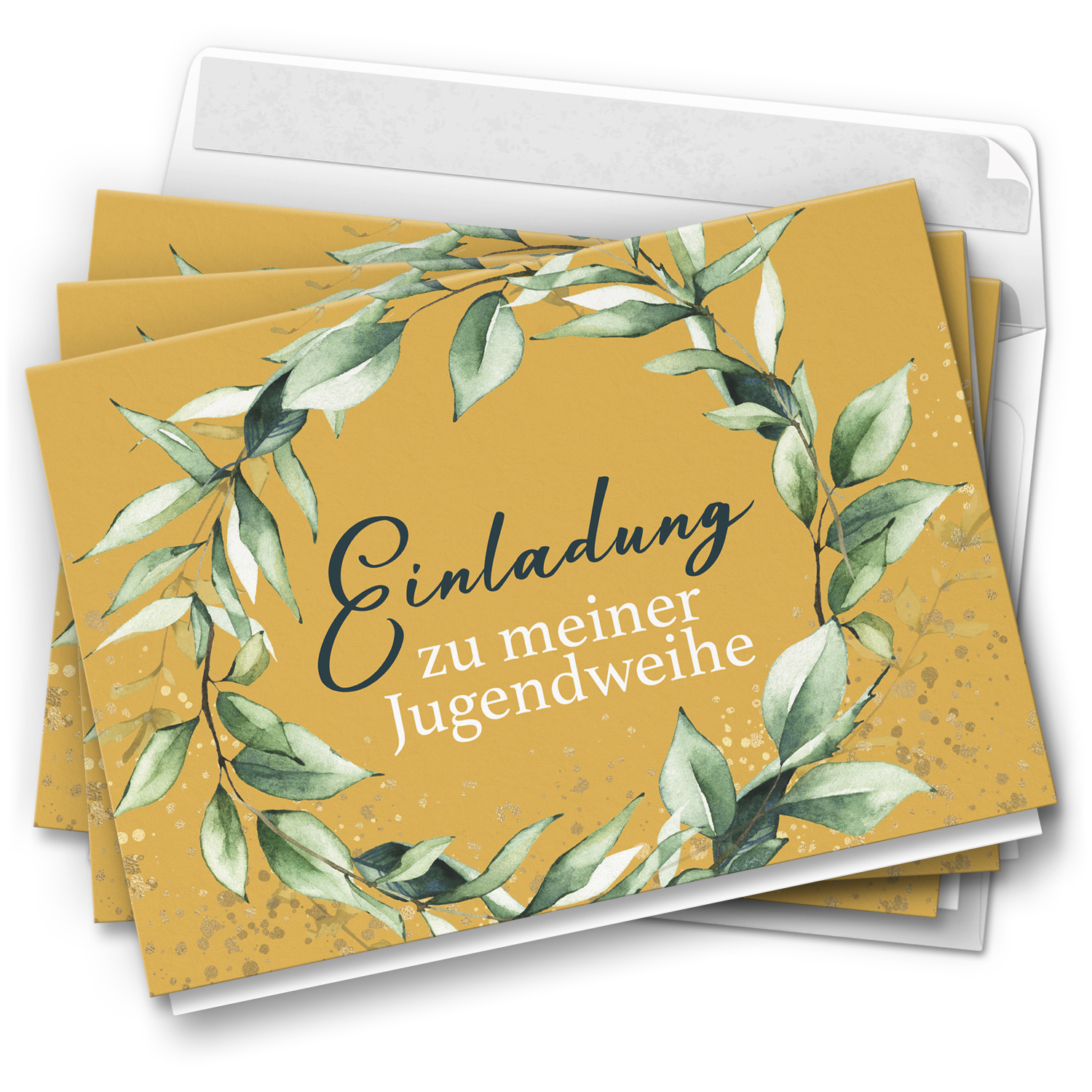 10 Jugendweihe Einladungskarten - Motiv Kranz Gelb Ocker - moderne Einladungen Klappkarten mit Umschlägen