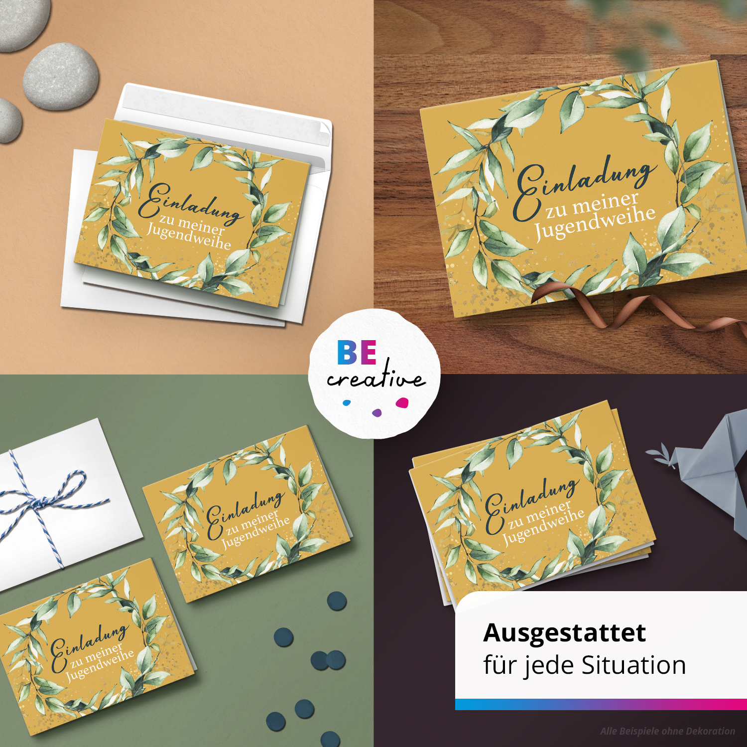 10 Jugendweihe Einladungskarten - Motiv Kranz Gelb Ocker - moderne Einladungen Klappkarten mit Umschlägen – Bild 2