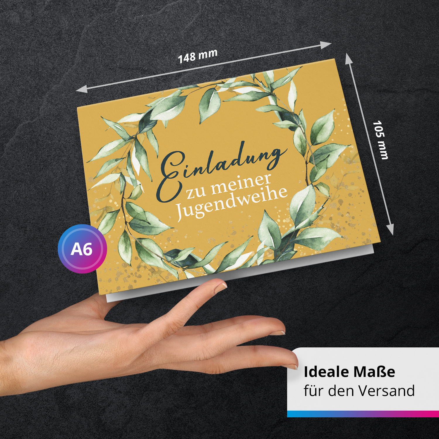 10 Jugendweihe Einladungskarten - Motiv Kranz Gelb Ocker - moderne Einladungen Klappkarten mit Umschlägen – Bild 3