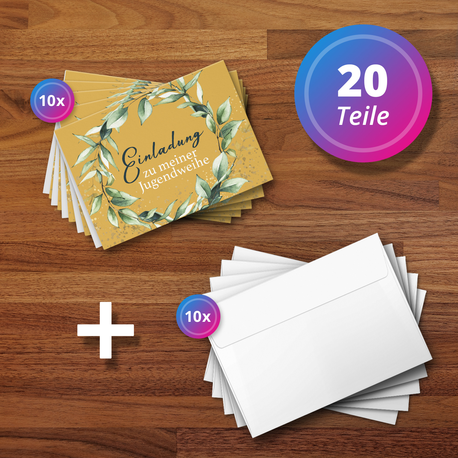 10 Jugendweihe Einladungskarten - Motiv Kranz Gelb Ocker - moderne Einladungen Klappkarten mit Umschlägen – Bild 4