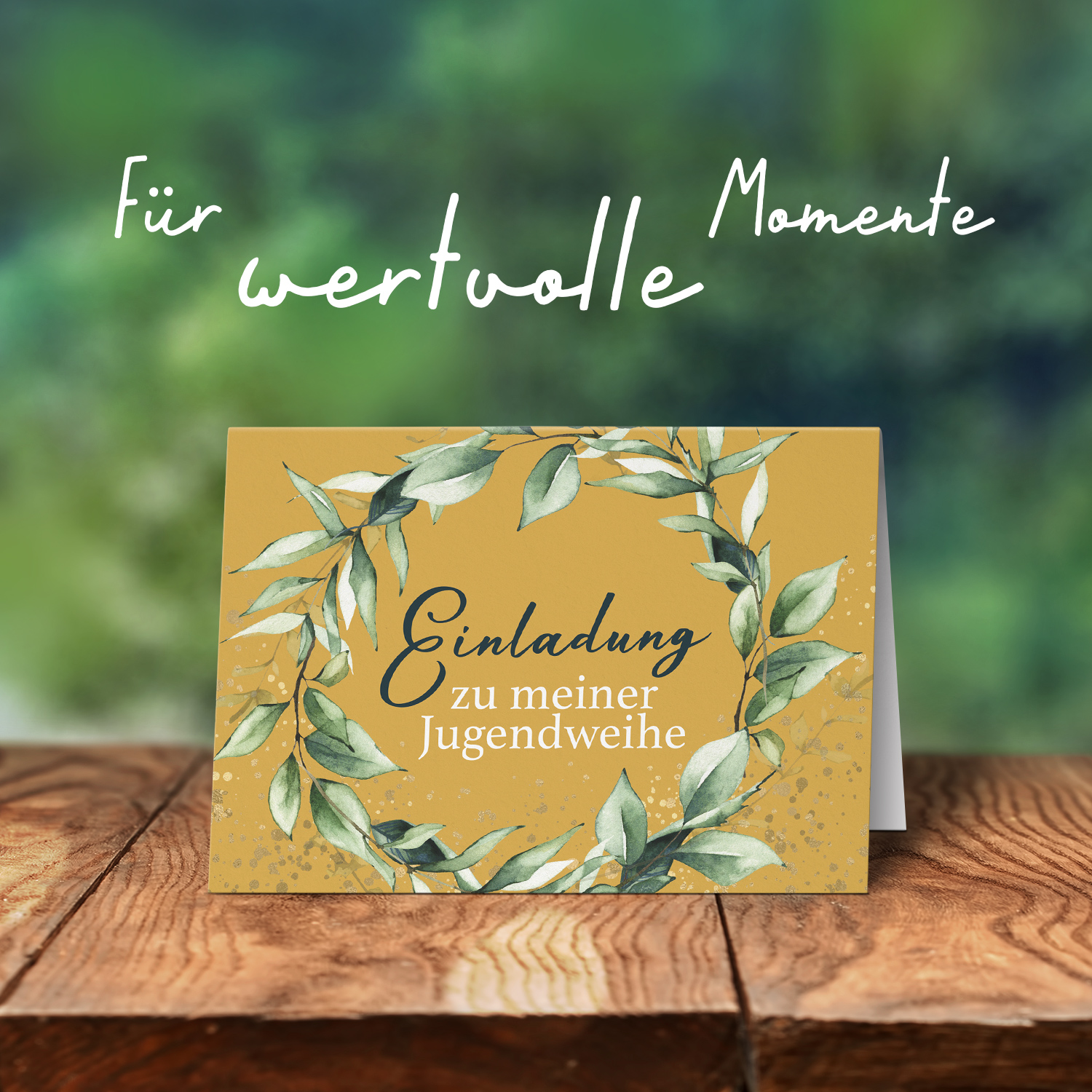 10 Jugendweihe Einladungskarten - Motiv Kranz Gelb Ocker - moderne Einladungen Klappkarten mit Umschlägen – Bild 7