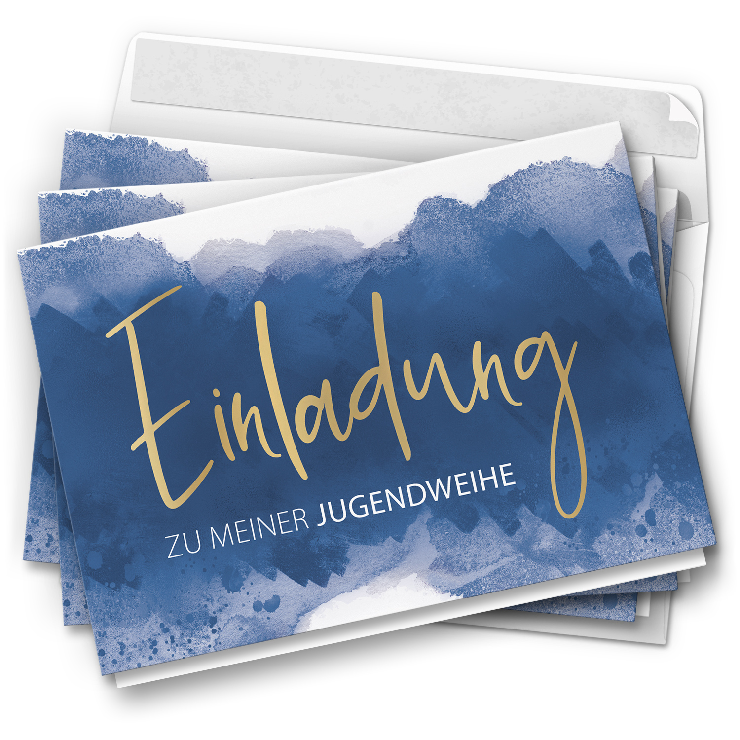 10 Jugendweihe Einladungskarten Jungen - Motiv Blau Aquarell Hintergrund - moderne Einladungen Klappkarten mit Umschlägen
