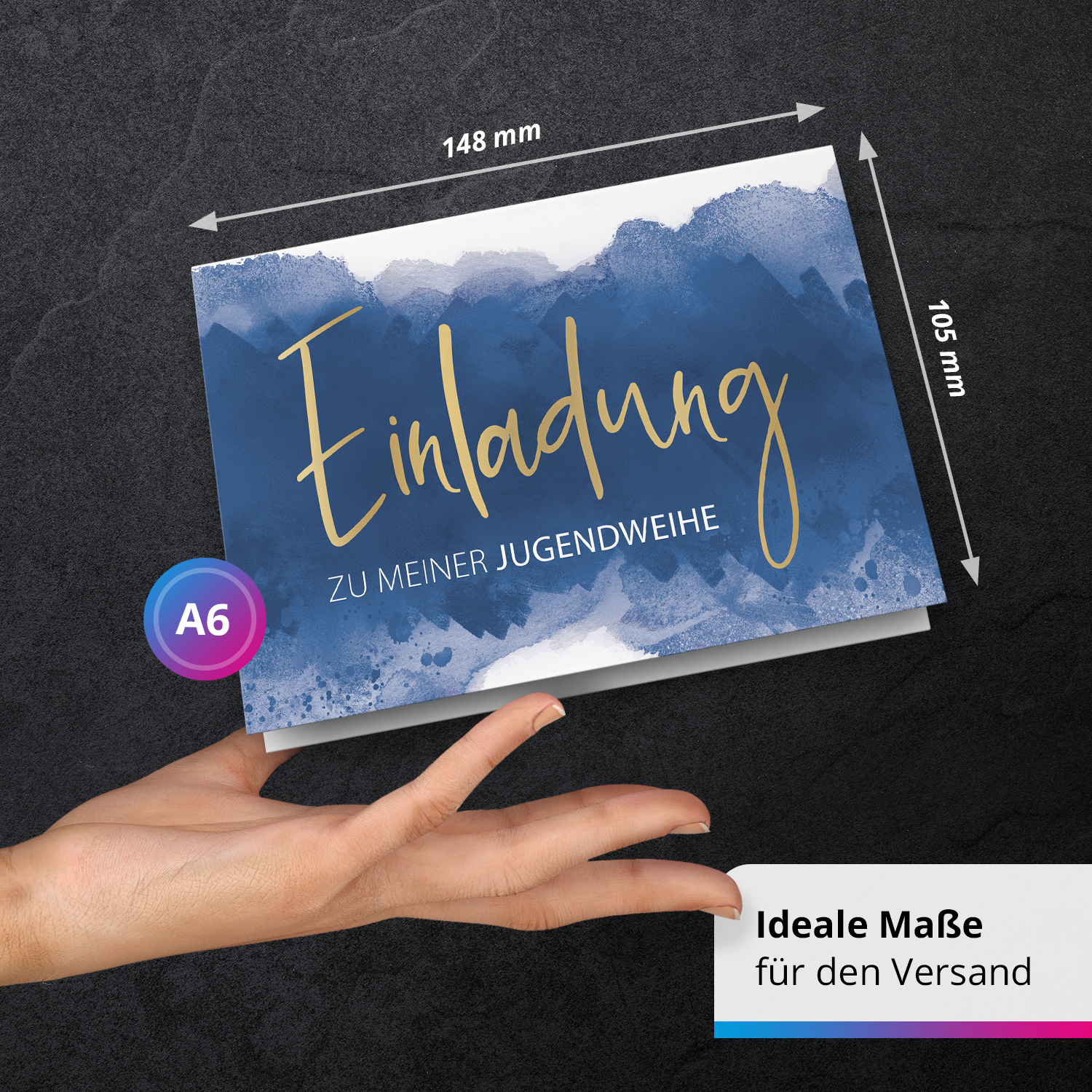 10 Jugendweihe Einladungskarten Jungen - Motiv Blau Aquarell Hintergrund - moderne Einladungen Klappkarten mit Umschlägen – Bild 3