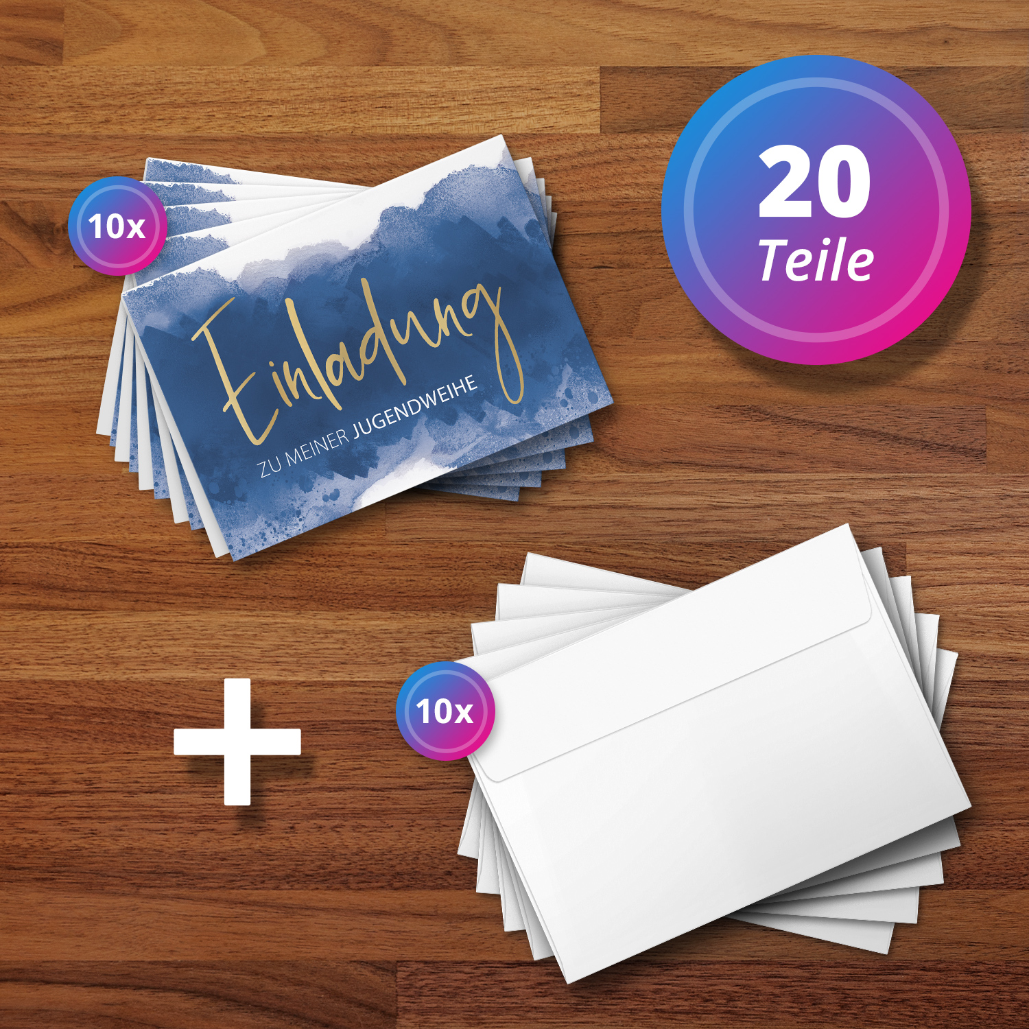 10 Jugendweihe Einladungskarten Jungen - Motiv Blau Aquarell Hintergrund - moderne Einladungen Klappkarten mit Umschlägen – Bild 4
