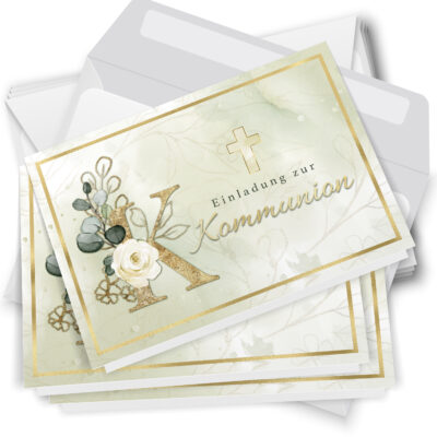 10 Einladungskarten Klappkarten Kommunion mit Umschlägen Motiv Großer Buchstabe Einladung zur Feier Jungen Mädchen Kreuz edel kirchlich