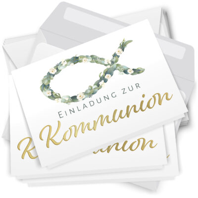 10 Einladungskarten Kommunion - Motiv Blätterfisch edel - moderne Klappkarten mit Umschlägen - Einladungen zu Kommunionsfeier Einladung Karten