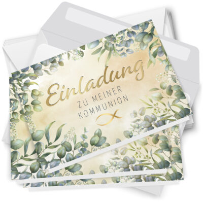 10 Einladungskarten Kommunion - Motiv Eucalyptus modern - moderne Klappkarten mit Umschlägen - Einladungen zu Kommunionsfeier Einladung Karten