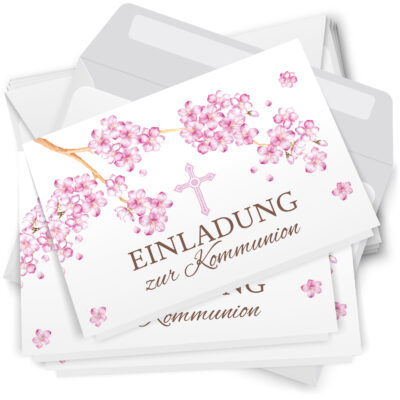 10 Einladungskarten Kommunion - Motiv Kirschblüte rosa - moderne Klappkarten mit Umschlägen - Einladungen zu Kommunionsfeier Einladung Karten