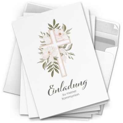 10 Einladungskarten Kommunion - Motiv Magnolien Kreuz - moderne Klappkarten mit Umschlägen - Einladungen zu Kommunionsfeier Einladung Karten