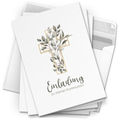 10 Einladungskarten Kommunion - Motiv Feines Kreuz Blätter - moderne Klappkarten mit Umschlägen - Einladungen zu Kommunionsfeier Einladung Karten