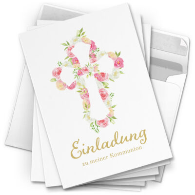 10 Einladungskarten Kommunion - Motiv Rosen Kreuz - moderne Klappkarten mit Umschlägen - Einladungen zu Kommunionsfeier Einladung Karten