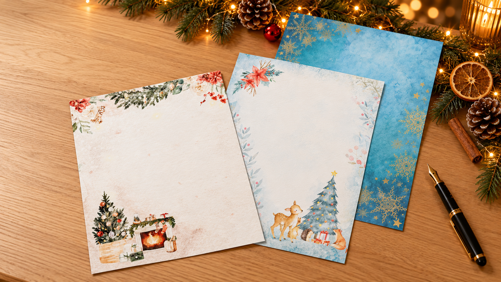 Drei A4-Weihnachtspapiere mit Kamin-, Reh- und blauem Schneeflockenmotiv fächerförmig auf einem Holzschreibtisch neben einem Füller.