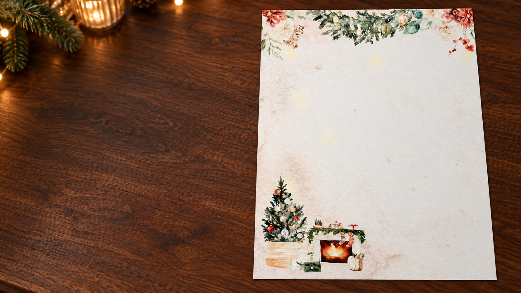 A4-Weihnachtsbriefpapier mit festlichem Kamin- und Wintergrünmotiv auf einem Holzschreibtisch.